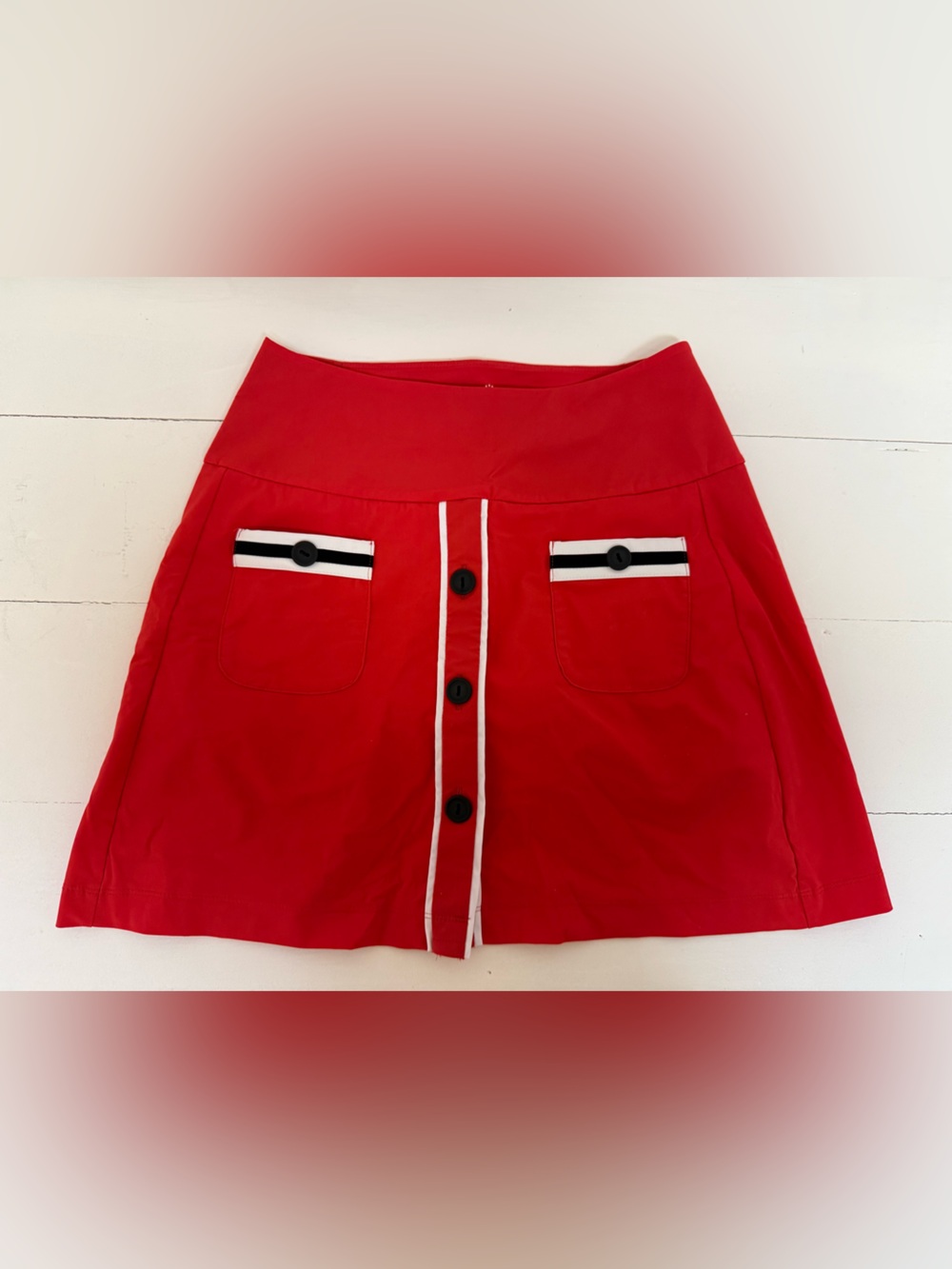 Kinona Red A-Line Button Front Skirt with Black & White Trim